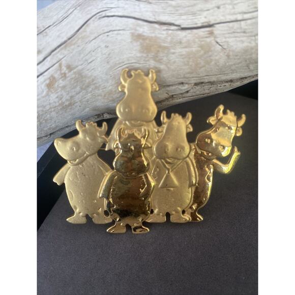 Vintage JJ Jonette 1980s Happy Cows Bulls Brooch Pin Copper/Gold Tone 2.23" - Picture 1 of 4